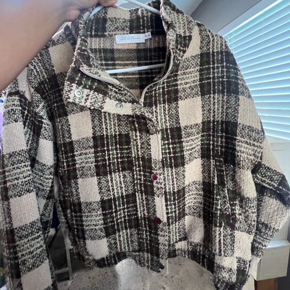 All in Favor Plaid Teddy Jacket - Green and Cream